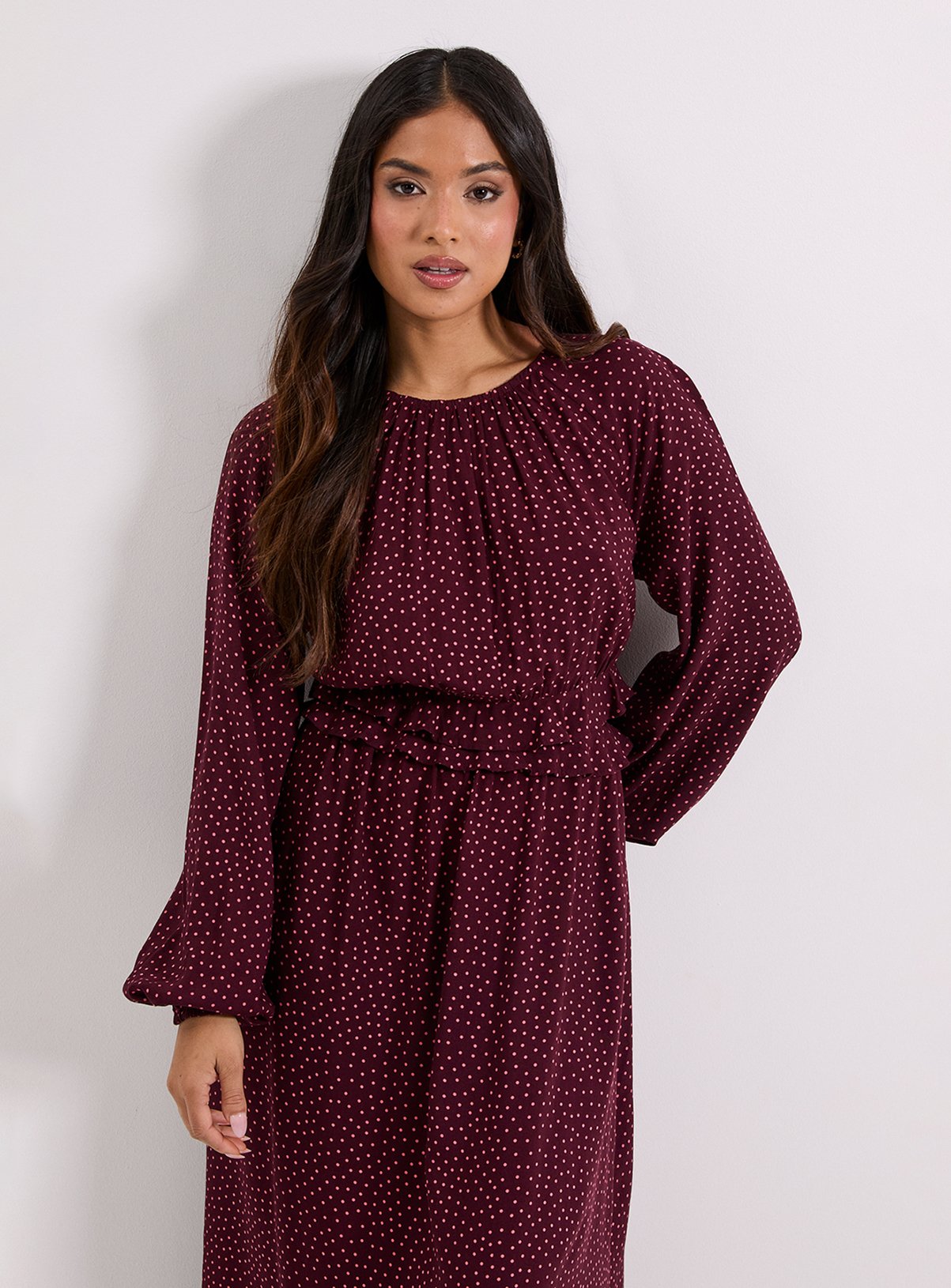 DOROTHY PERKINS Petite Berry Spot Frill Wait Detail Blouson Sleeve Midi Dress 14 - Image 2 thumbnail